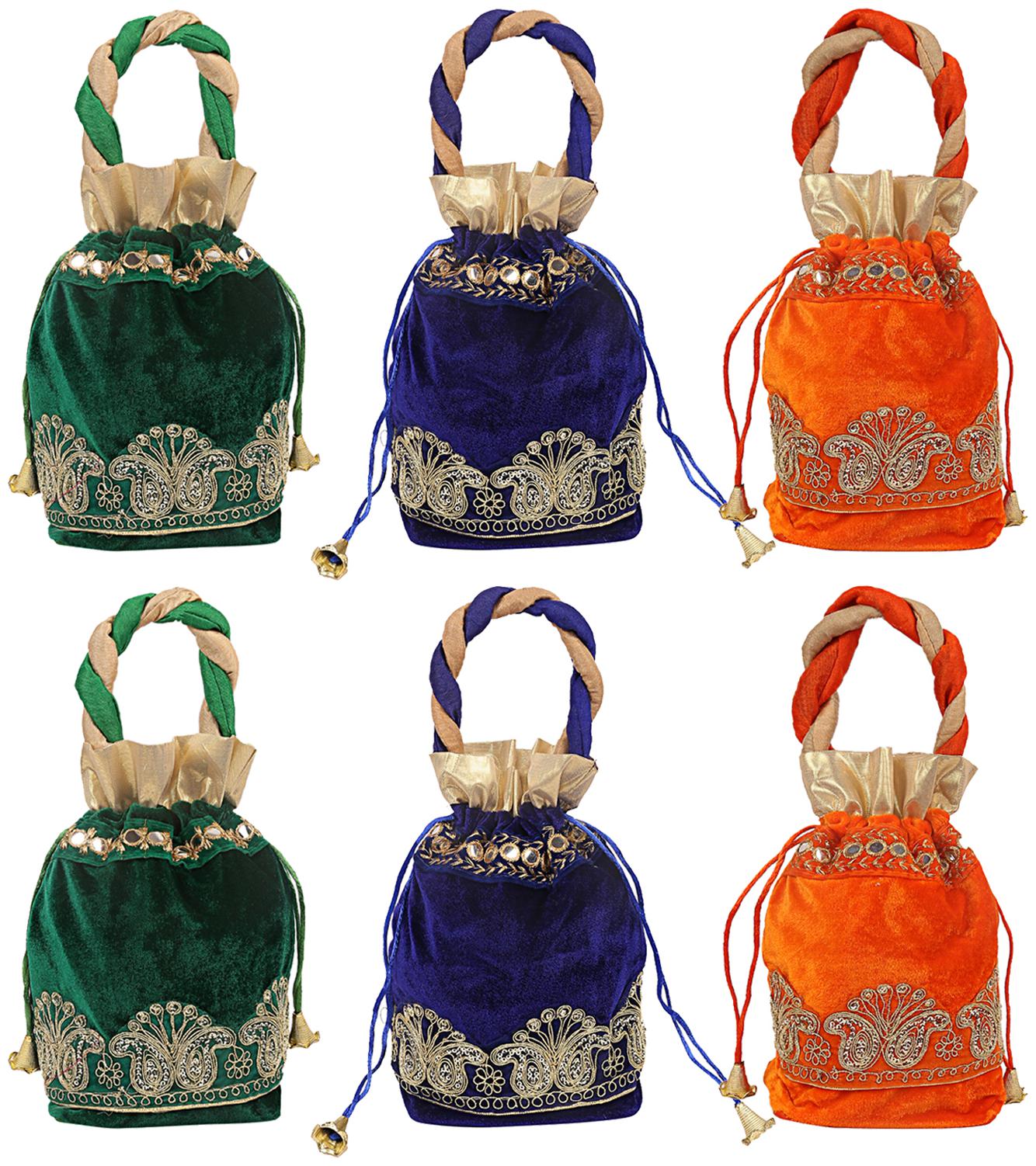 

Kuber Industries Velvet 6 pcs Women Potli Bag (Green Orange Blue) - CTHH10880