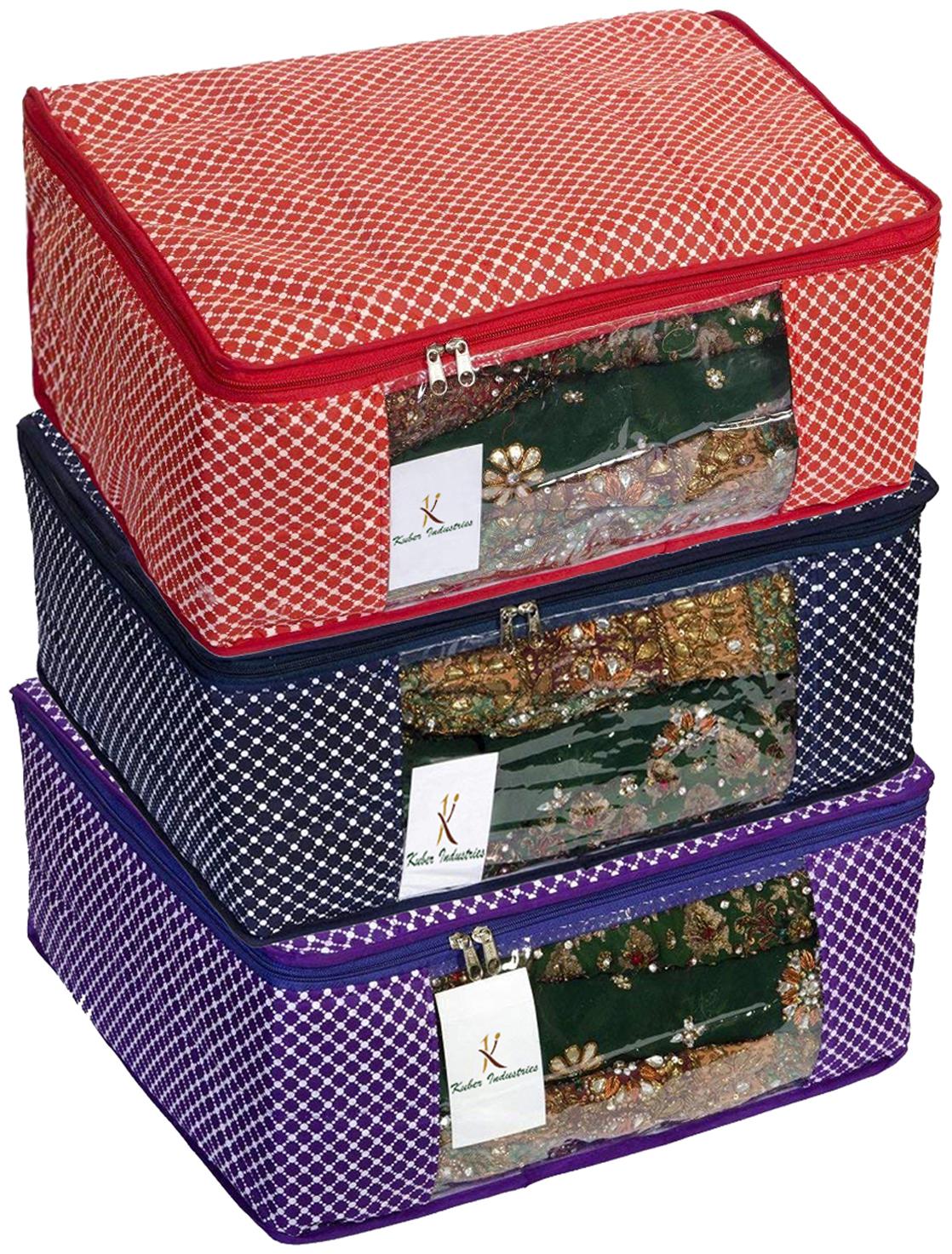 

Kuber Industries Cotton 3 pcs Hathkadi Print Saree Cover (Red Dark Blue Purple) CTHH18905