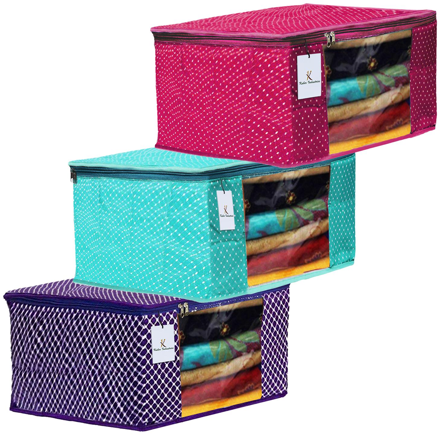 

Kuber Industries Polka Dots 3 pcs Cotton 3 Layered Quilted Saree Cover (Purple Green Rani) - CTHH14890