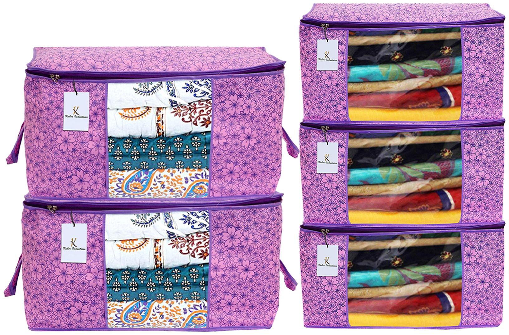 

Kuber Industries Metallic Printed Non Woven 3 pcs Saree Cover And 2 pcs Underbed Storage Bag Cloth Organizer For Storage Blanket Cover Combo Set (Pink Purple) - CTHH17956