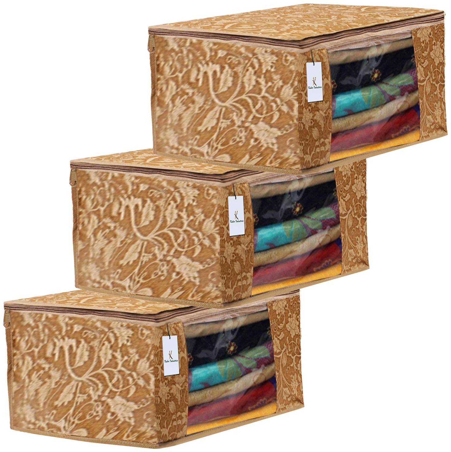 

Kuber Industries Metalic Printed 3 pc Non Woven Fabric Saree Cover Set with Transparent Window Extra Large Beige- CTHH16127