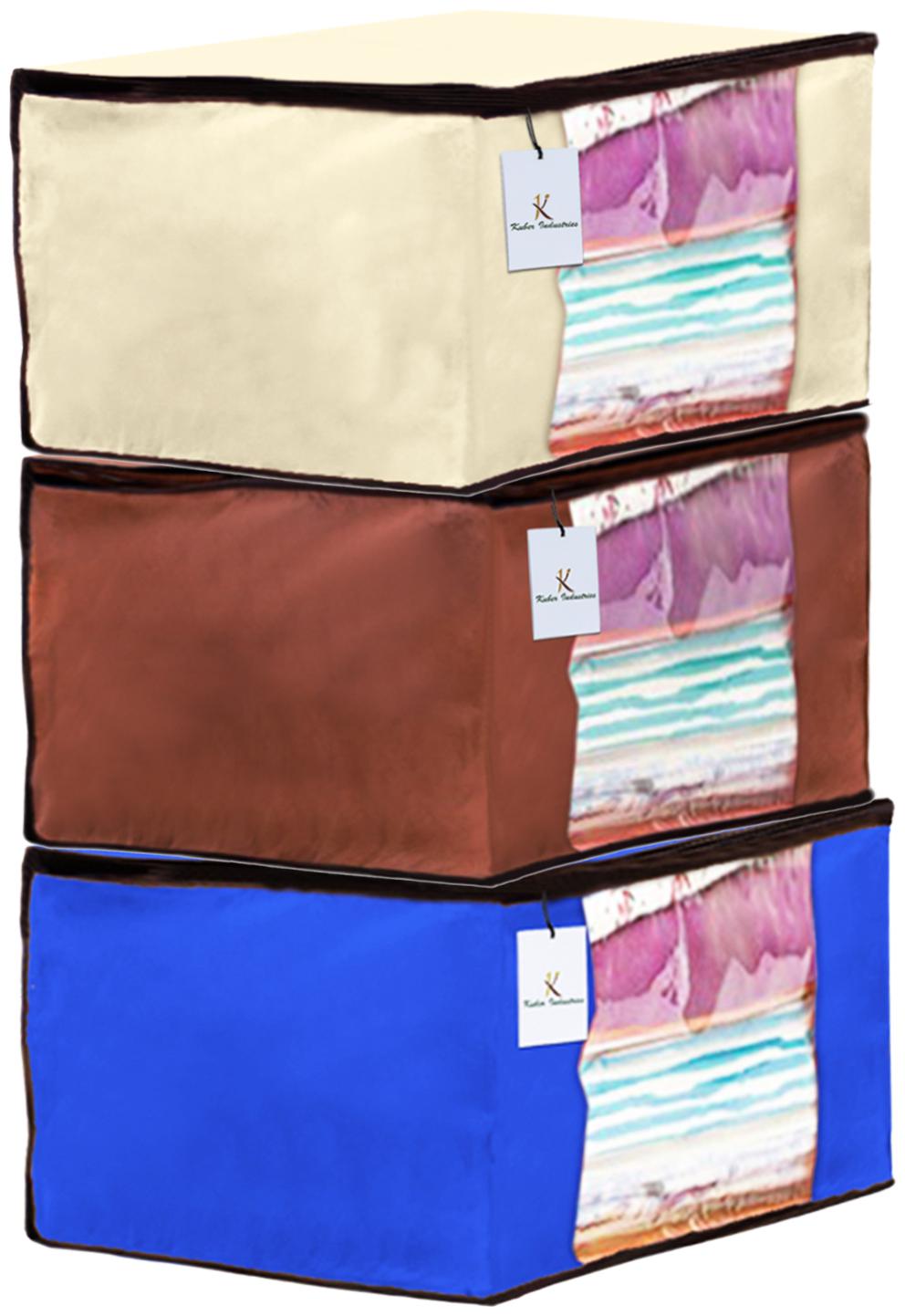 

Kuber Industries 3 Piece Non Woven Fabric Saree Cover Set with Transparent Window Extra Large Ivory Royal Blue Dark Brown CTHH14136