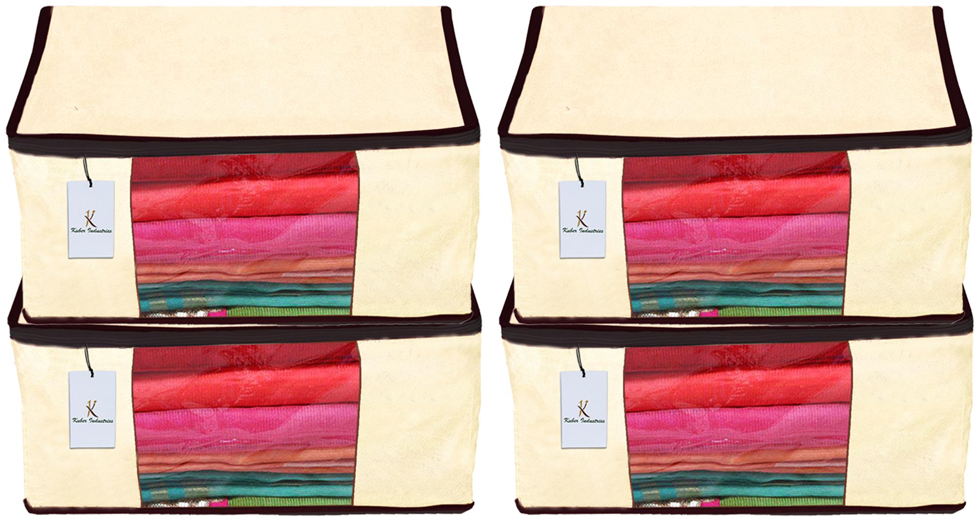 

Kuber Industries 4 Piece Non Woven Fabric Saree Cover Set with Transparent Window Extra Large Ivory CTHH14167
