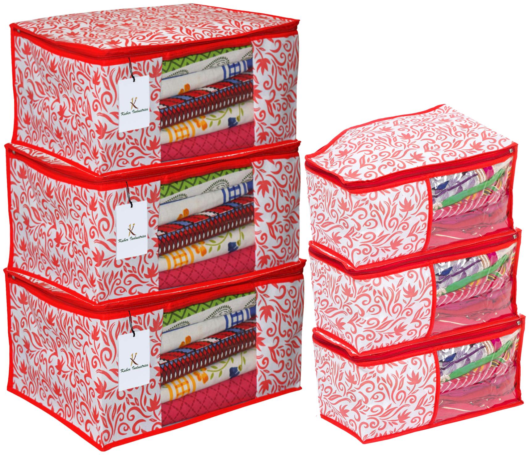 

Kuber Industries Leaf Design Non Woven 3 pc Saree Cover Cloth Wardrobe Organizer And 3 pcs Blouse Cover Combo Set (Red) - CTHH17785