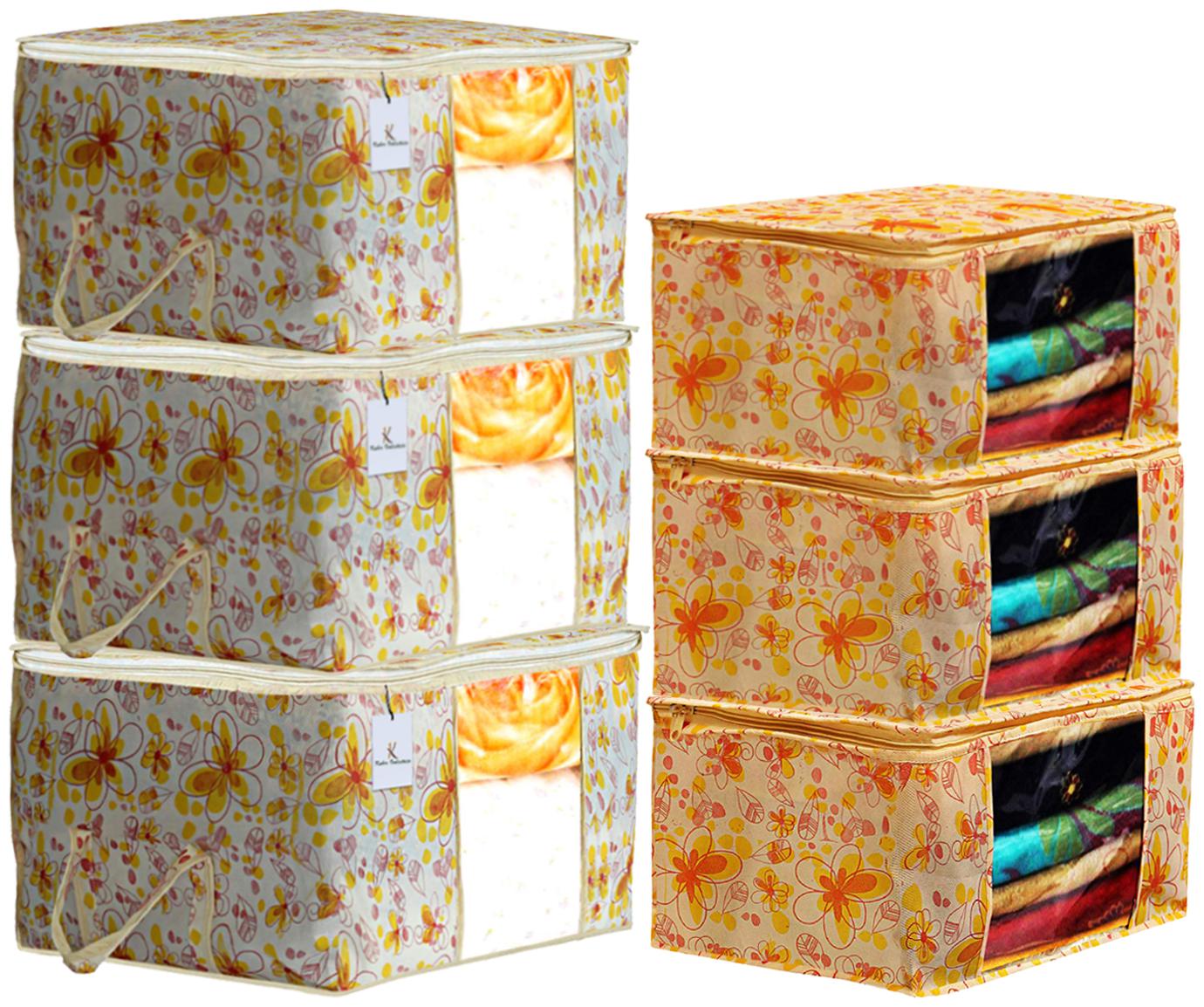 

Kuber Industries Flower Printed Non Woven 3 pcs Saree Cover And 3 pcs Underbed Storage Bag Cloth Organizer For Storage Blanket Cover Combo Set (Ivory Red) - CTHH18018