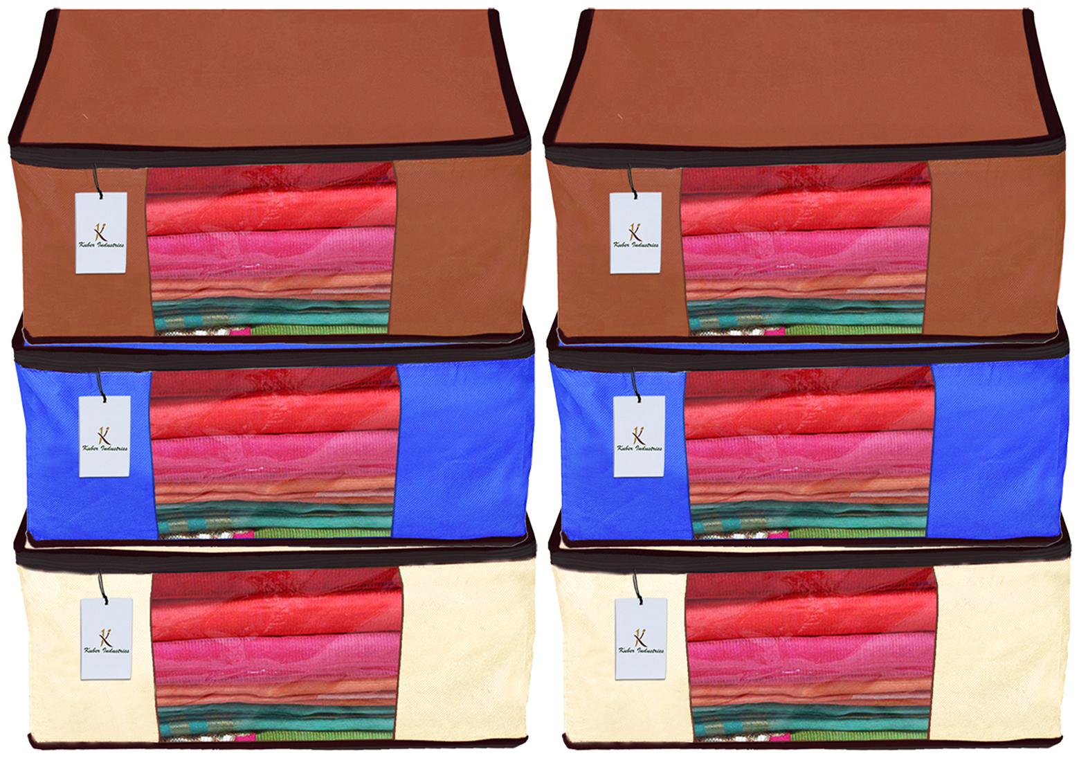 

Kuber Industries 6 Piece Non Woven Fabric Saree Cover Set with Transparent Window Extra Large Ivory Royal Blue Dark Brown CTHH14186