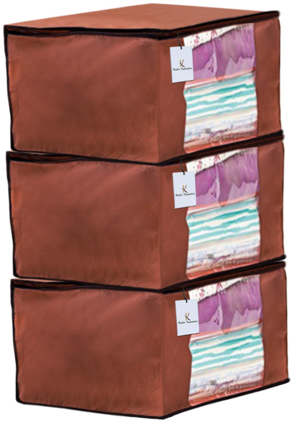 

Kuber Industries 3 Piece Non Woven Fabric Saree Cover Set with Transparent Window Extra Large Dark Brown CTHH14114