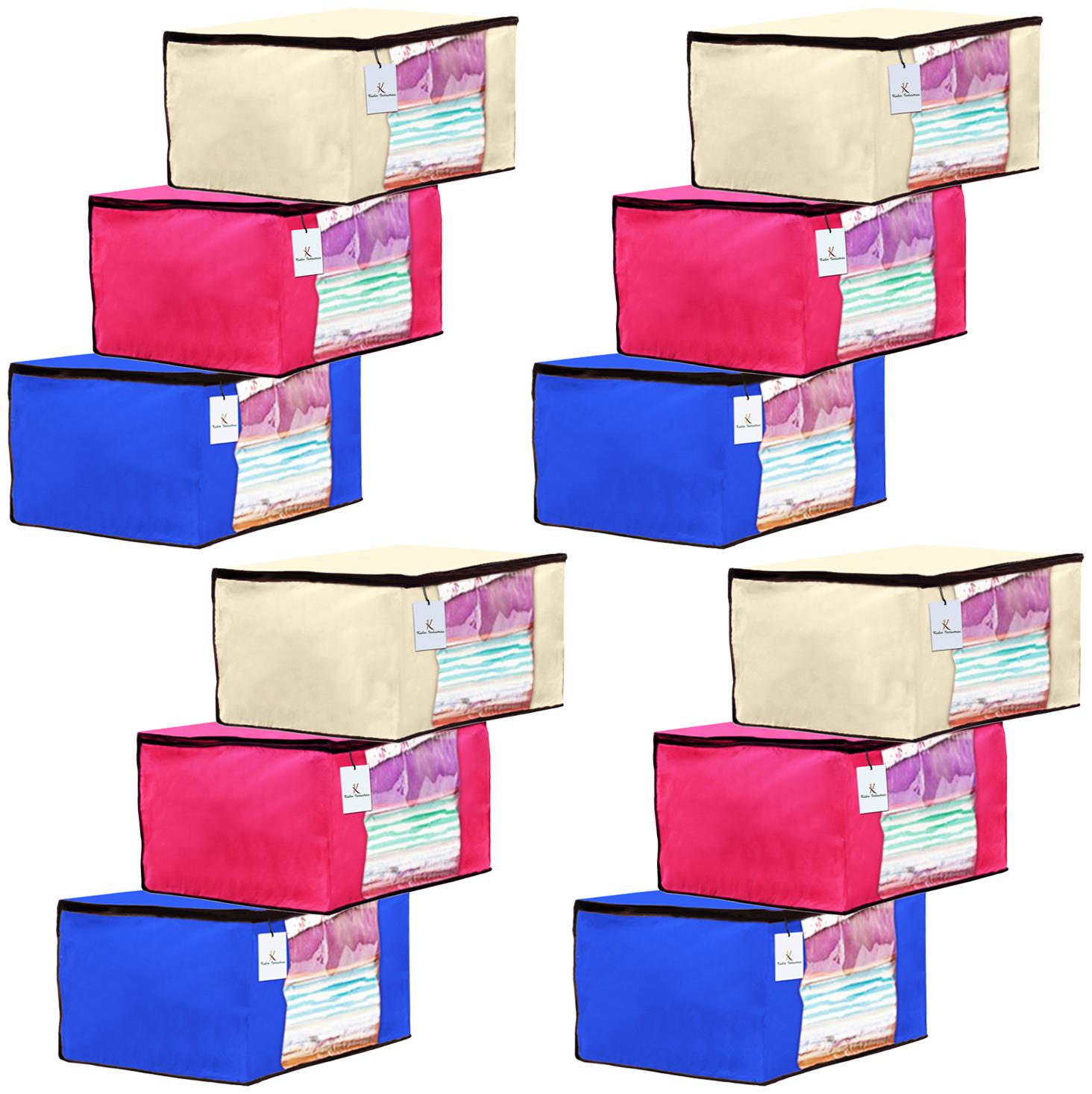 

Kuber Industries 12 Piece Non Woven Fabric Saree Cover Set with Transparent Window Extra Large Ivory Royal Blue Pink CTHH14105