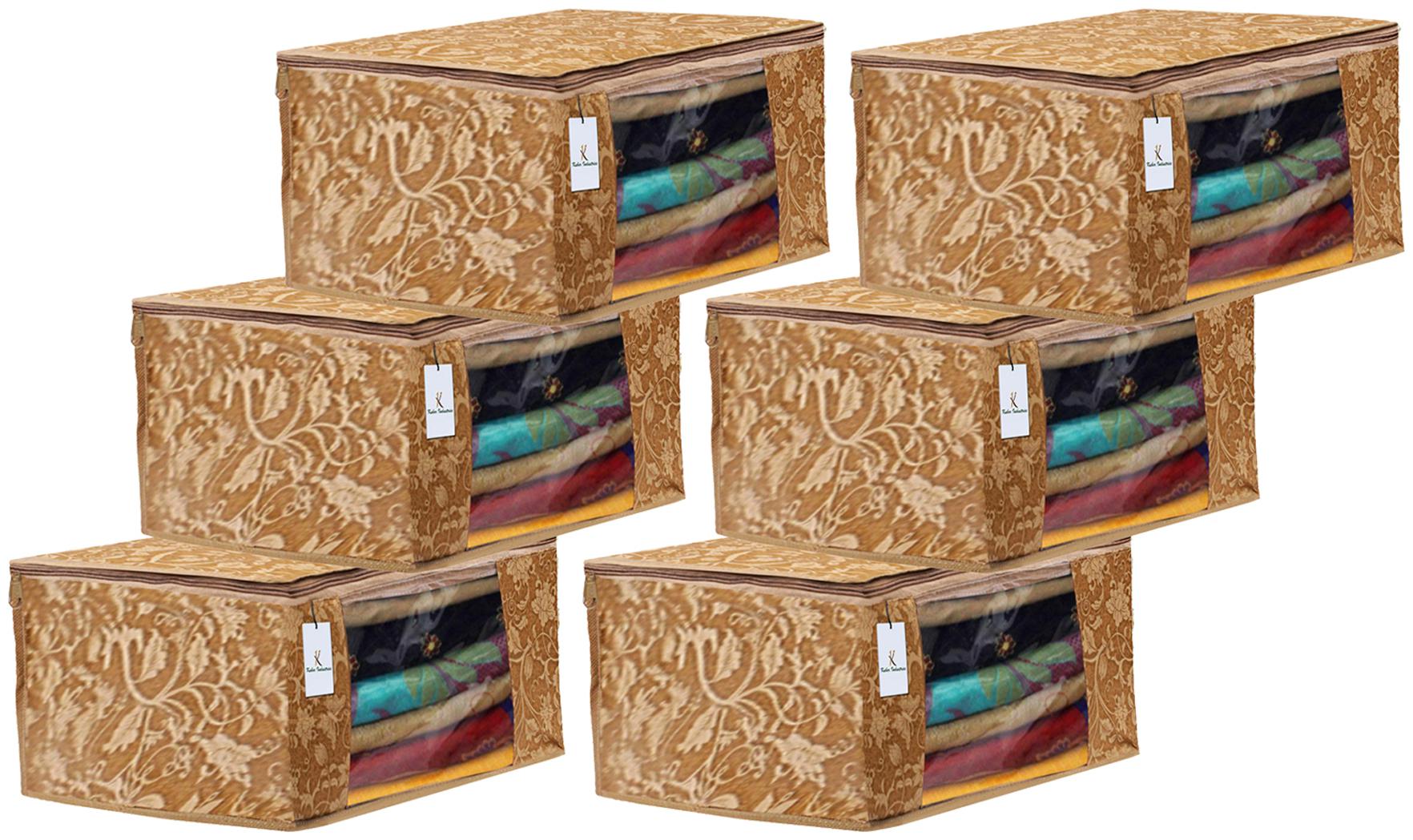 

Kuber Industries Metalic Printed 6 pc Non Woven Fabric Saree Cover Set with Transparent Window Extra Large Beige- CTHH16132