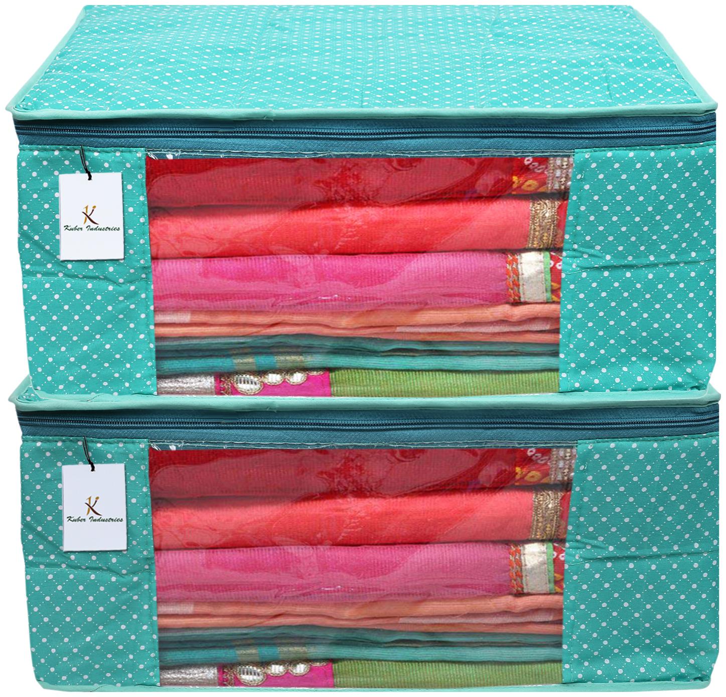 

Kuber Industries Polka Dots 2 Piece Cotton 3 Layered Quilted Saree Cover Green- CTHH22280