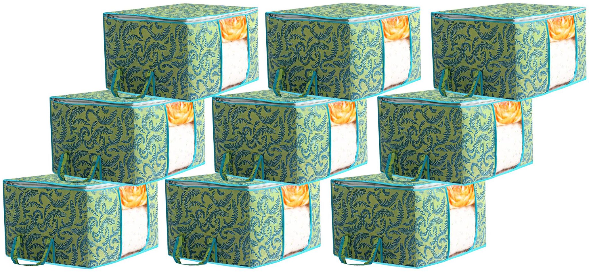 

Kuber Industries Metalic Printed 9 pc Non Woven Underbed Storage Bag Storage Organiser Blanket Cover with Transparent Window Extra Large Green CTHH15575