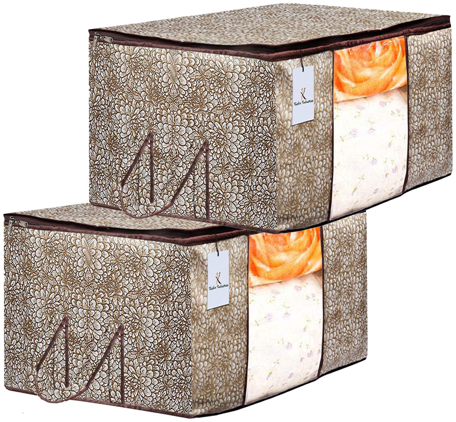 

Kuber Industries Metalic Printed 2 pc Non Woven Underbed Storage Bag Storage Organiser Blanket Cover with Transparent Window Extra Large Golden Brown CTHH15637