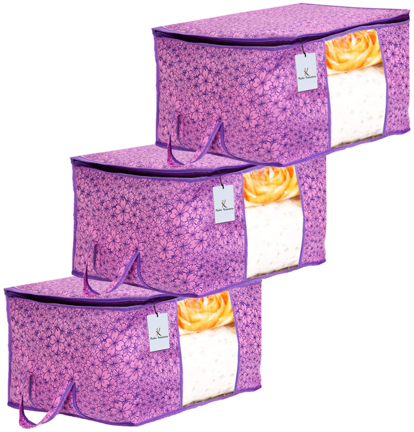 

Kuber Industries Metalic Flower Design Non Woven 3 pcs Underbed Storage Bag Storage Organiser Blanket Cover (Pink Purple) - CTHH16281