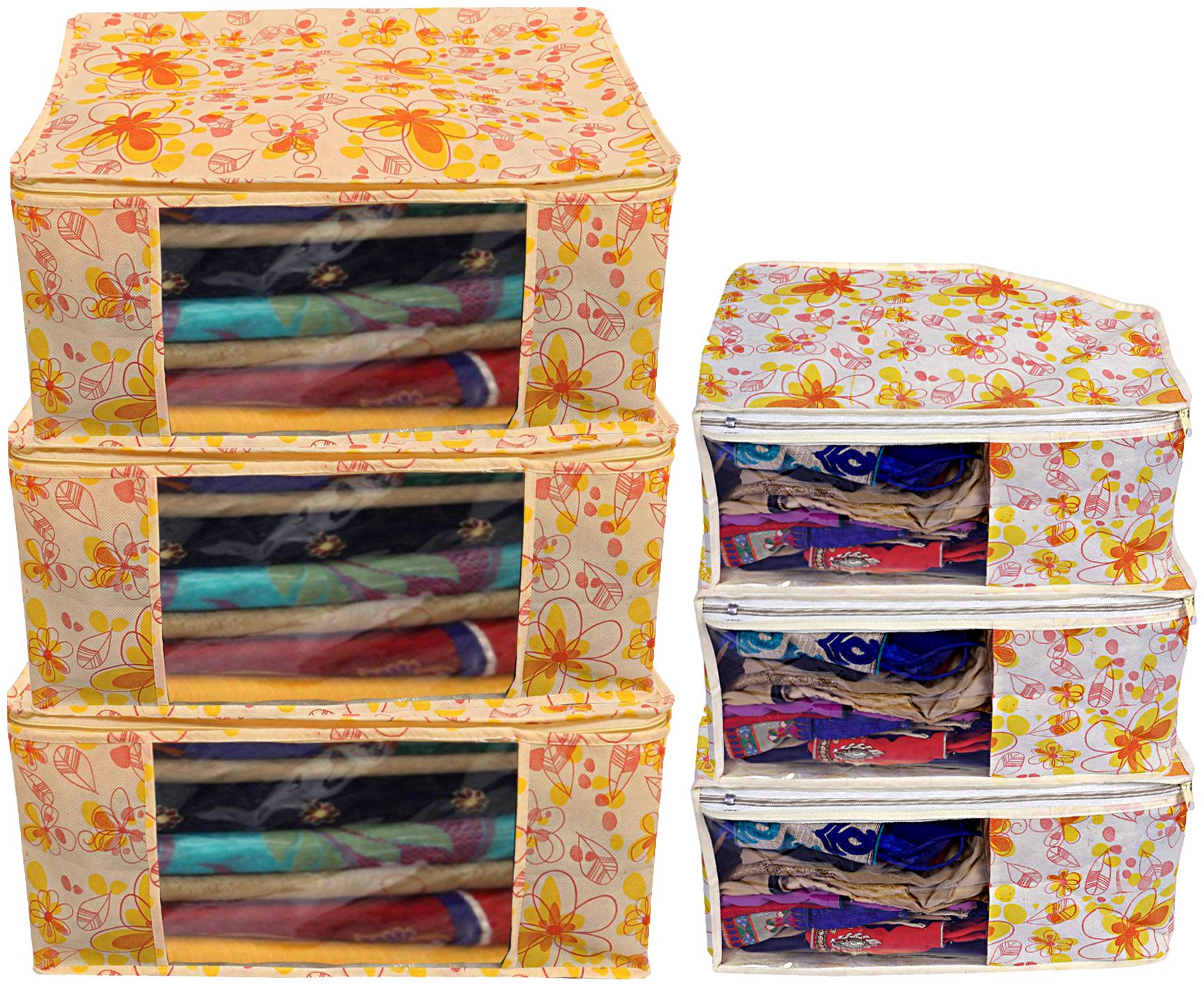 

Kuber Industries Flower Design Non Woven 3 pc Saree Cover Cloth Wardrobe Organizer And 3 pcs Blouse Cover Combo Set (Ivory Red) - CTHH17815