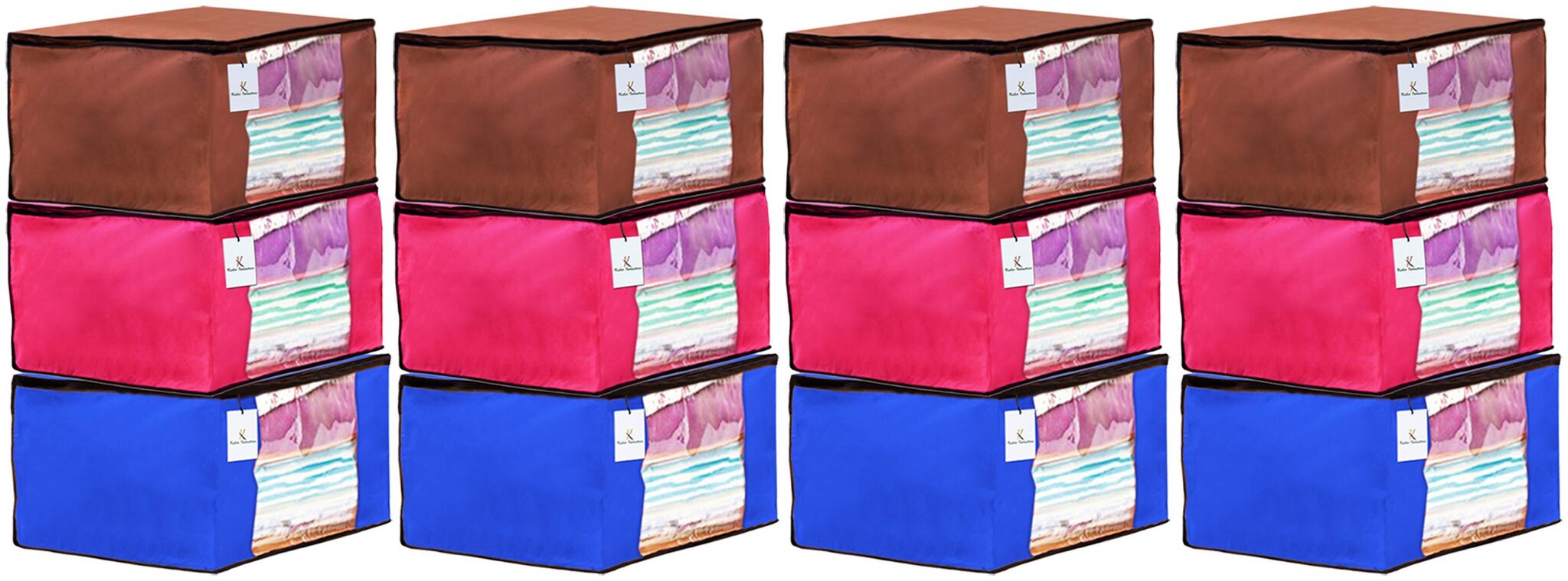 

Kuber Industries 12 Piece Non Woven Fabric Saree Cover Set with Transparent Window Extra Large Pink Royal Blue Dark Brown CTHH14148
