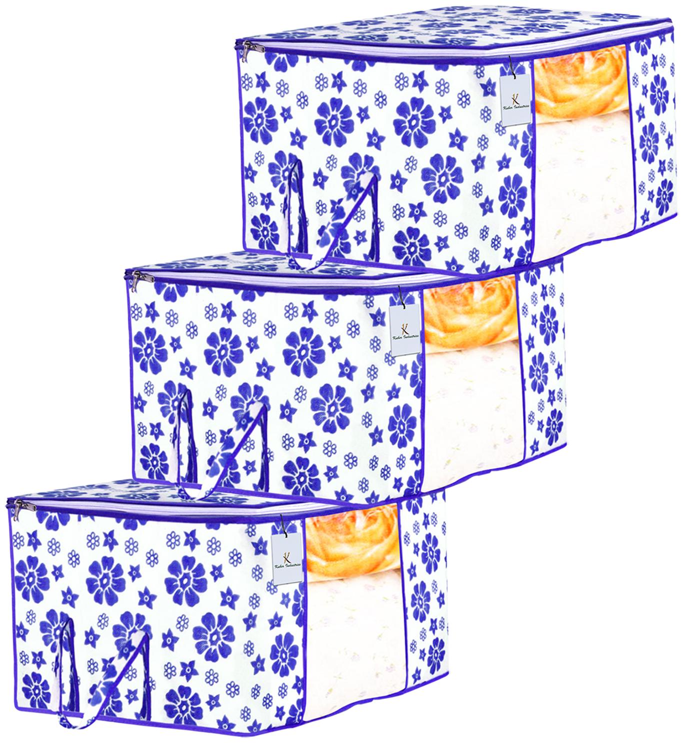 

Kuber Industries Flower Design 3 pc Non Woven Underbed Storage Bag Storage Organiser Blanket Cover with Transparent Window Extra Large Royal Blue CTHH15643