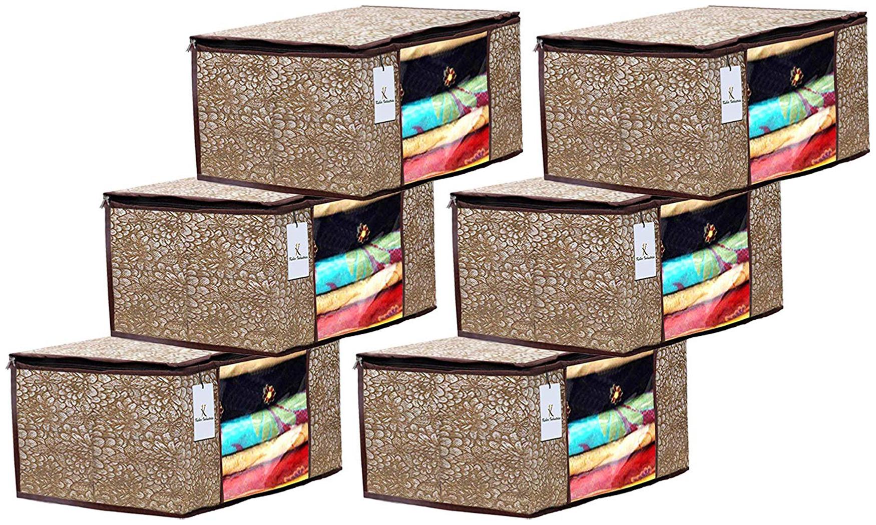 

Kuber Industries Metalic Printed 6 pc Non Woven Fabric Saree Cover Set with Transparent Window Extra Large Golden Brown- CTHH16168