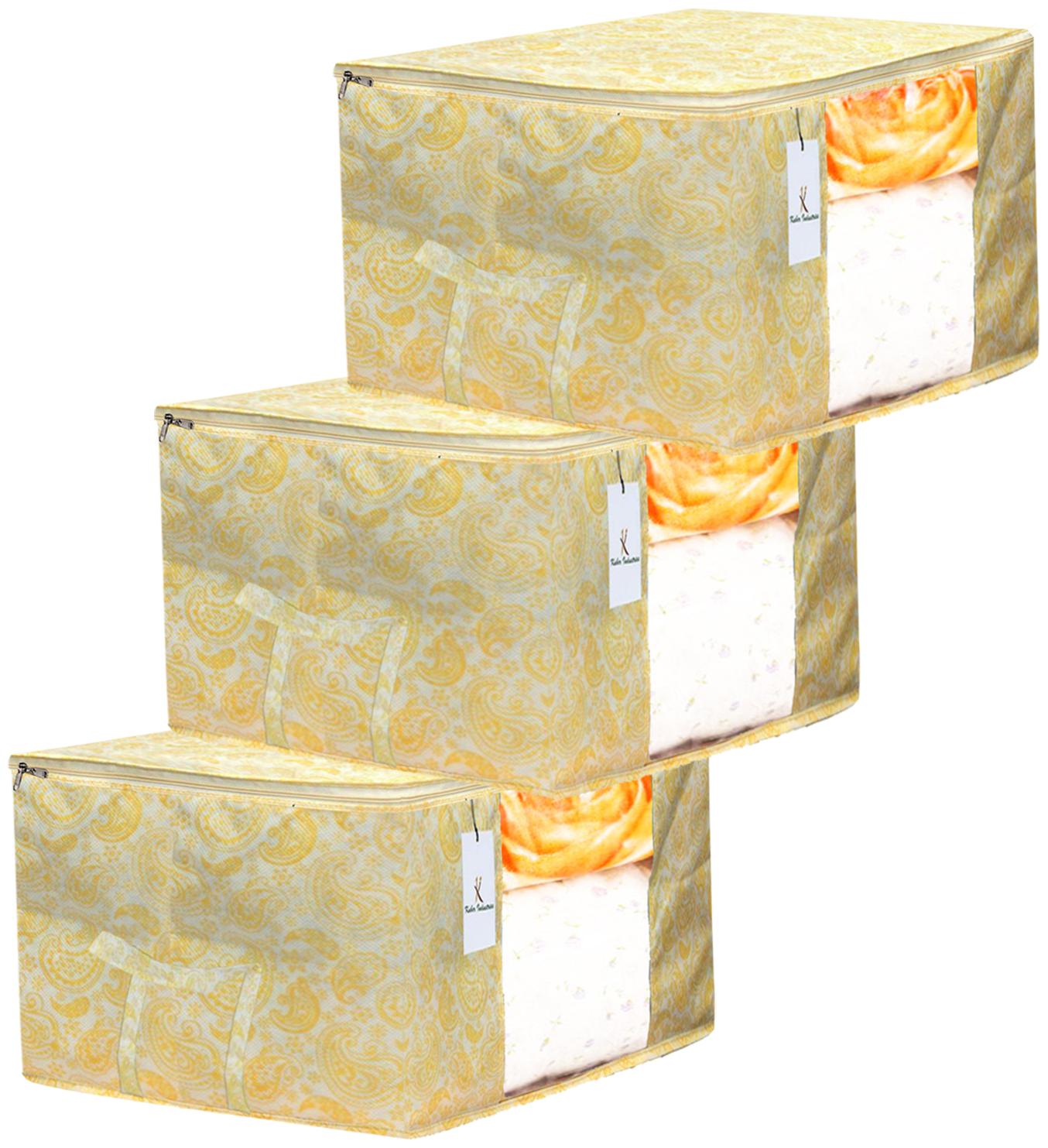 

Kuber Industries Leaf Design 3 pc Non Woven Underbed Storage Bag Storage Organiser Blanket Cover with Transparent Window Extra Large Gold CTHH15618