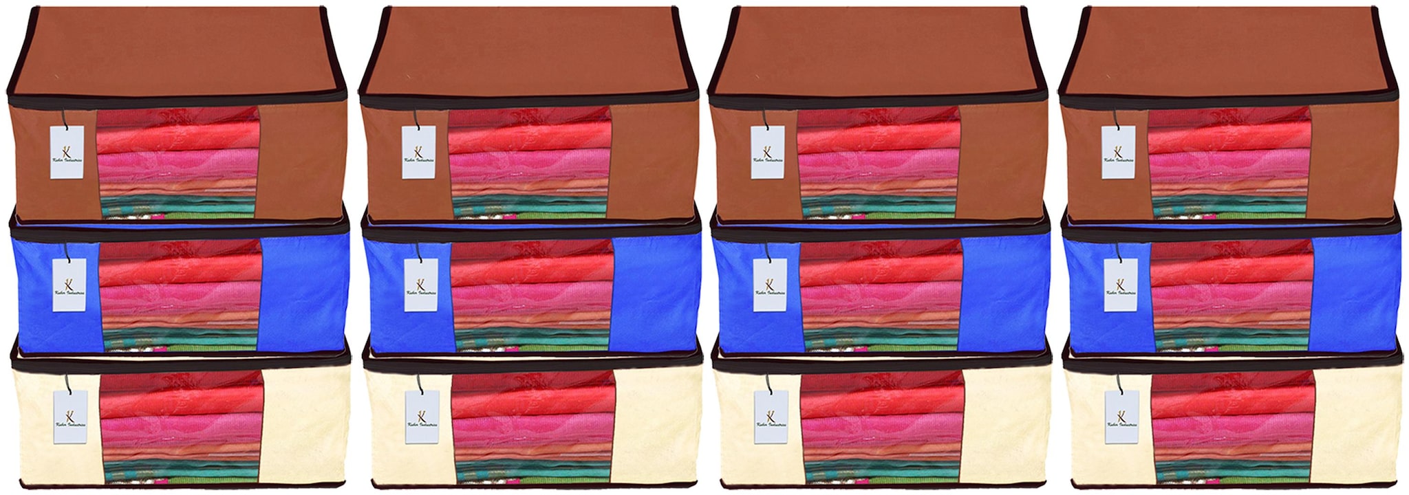

Kuber Industries 12 Piece Non Woven Fabric Saree Cover Set with Transparent Window Extra Large Ivory Royal Blue Dark Brown CTHH14194