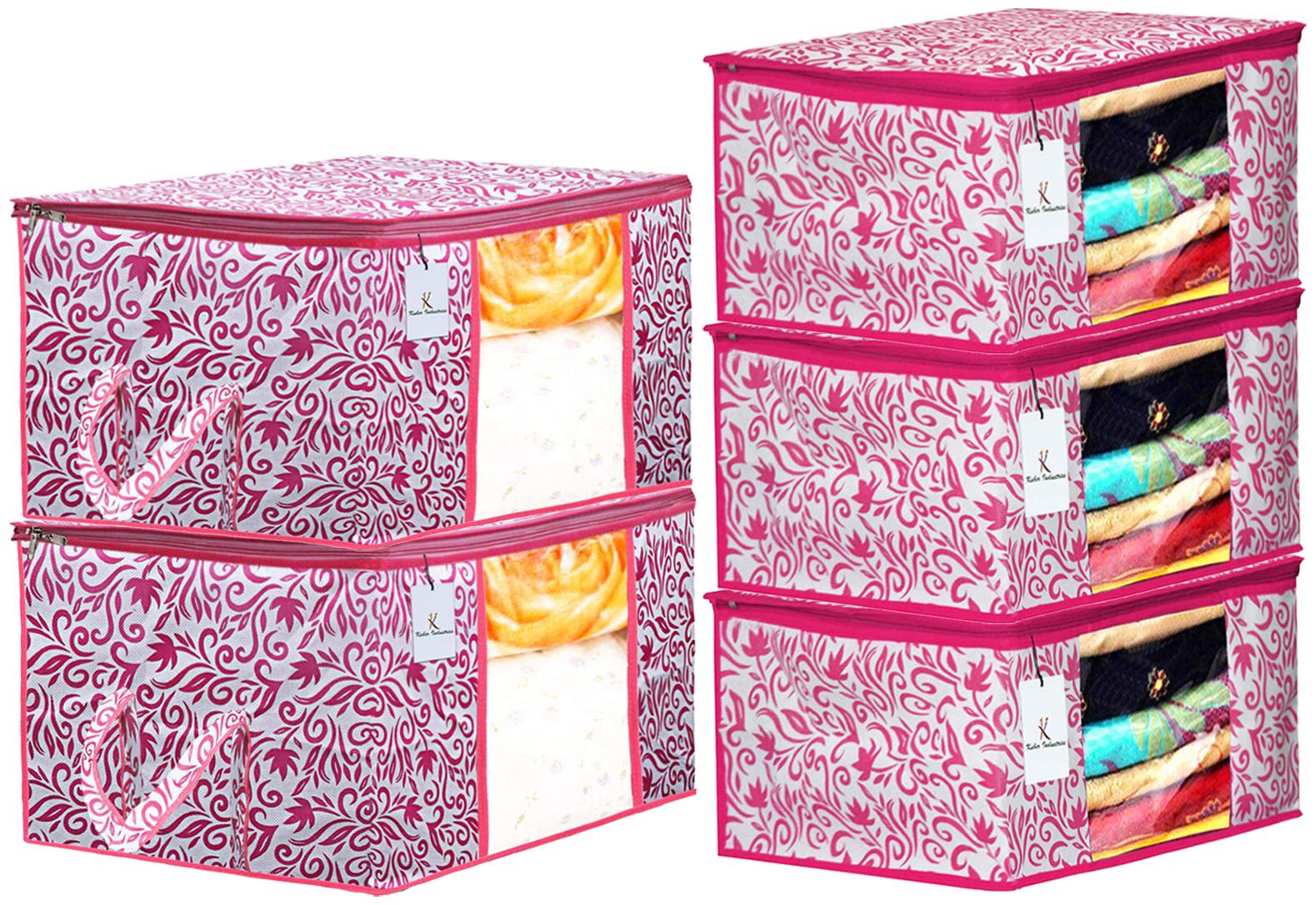 

Kuber Industries Leaf Design Non Woven 3 pcs Saree Cover And 2 pcs Underbed Storage Bag Cloth Organizer For Storage Blanket Cover Combo Set (Pink) - CTHH18040