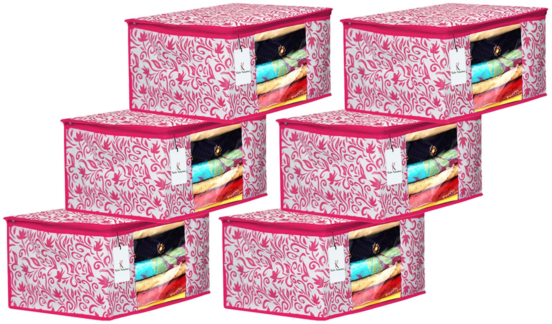 

Kuber Industries Leaf Design 6 pc Non Woven Fabric Saree Cover Set with Transparent Window Extra Large Pink- CTHH16144