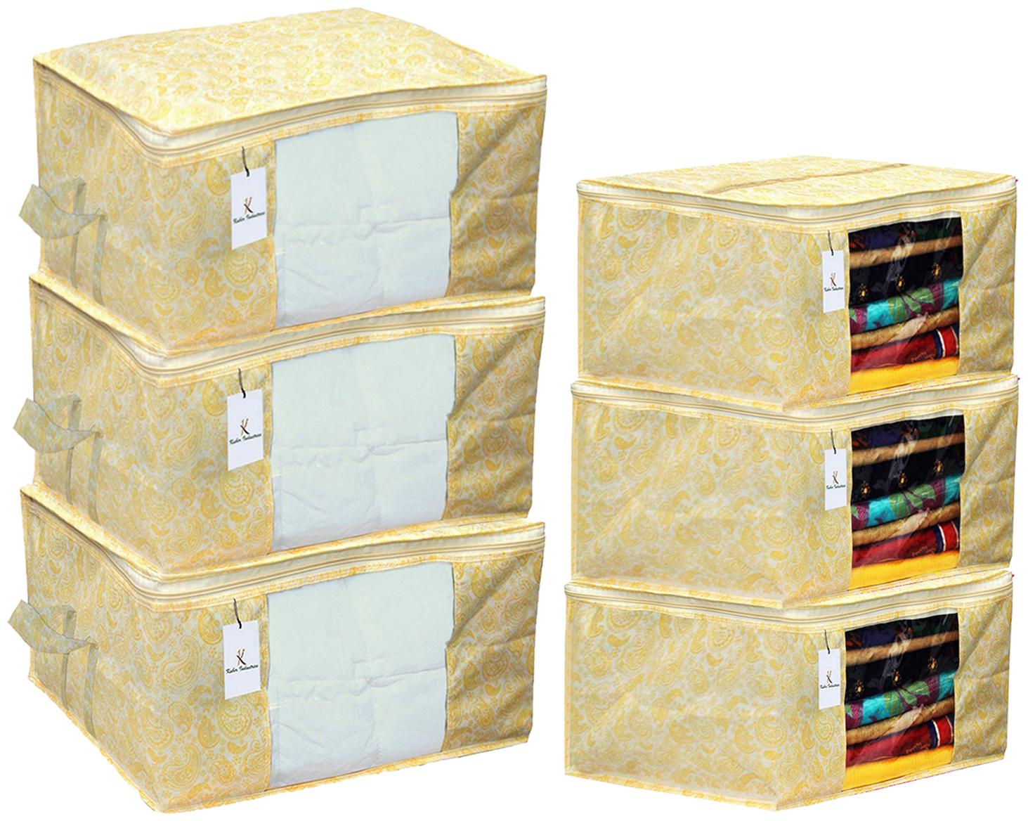 

Kuber Industries Metallic Printed Non Woven 3 pcs Saree Cover And 3 pcs Underbed Storage Bag Cloth Organizer For Storage Blanket Cover Combo Set (Gold) - CTHH17969