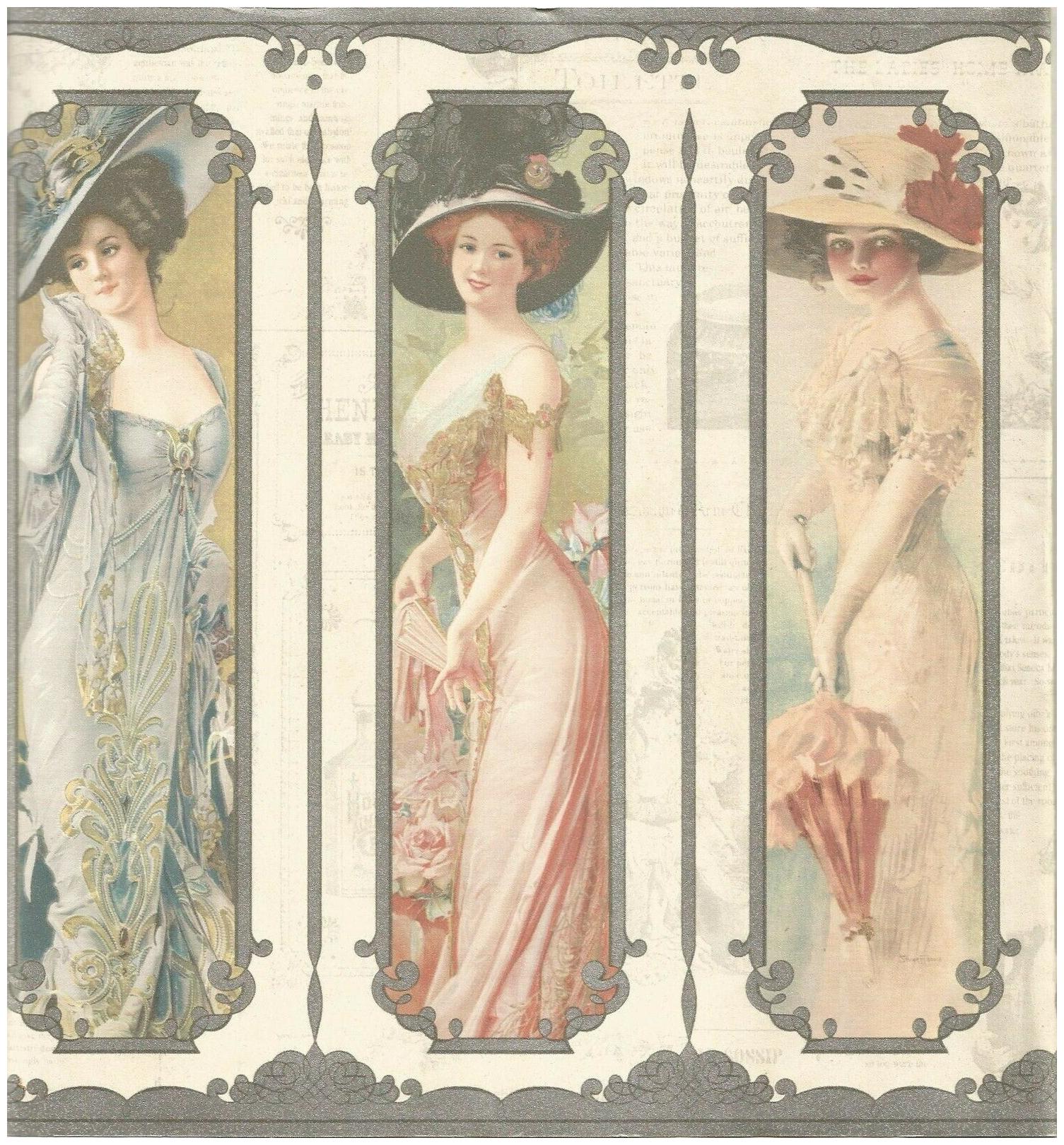 

Ladies Victorian mirror parasol hats wallpaper border silver VC052182B