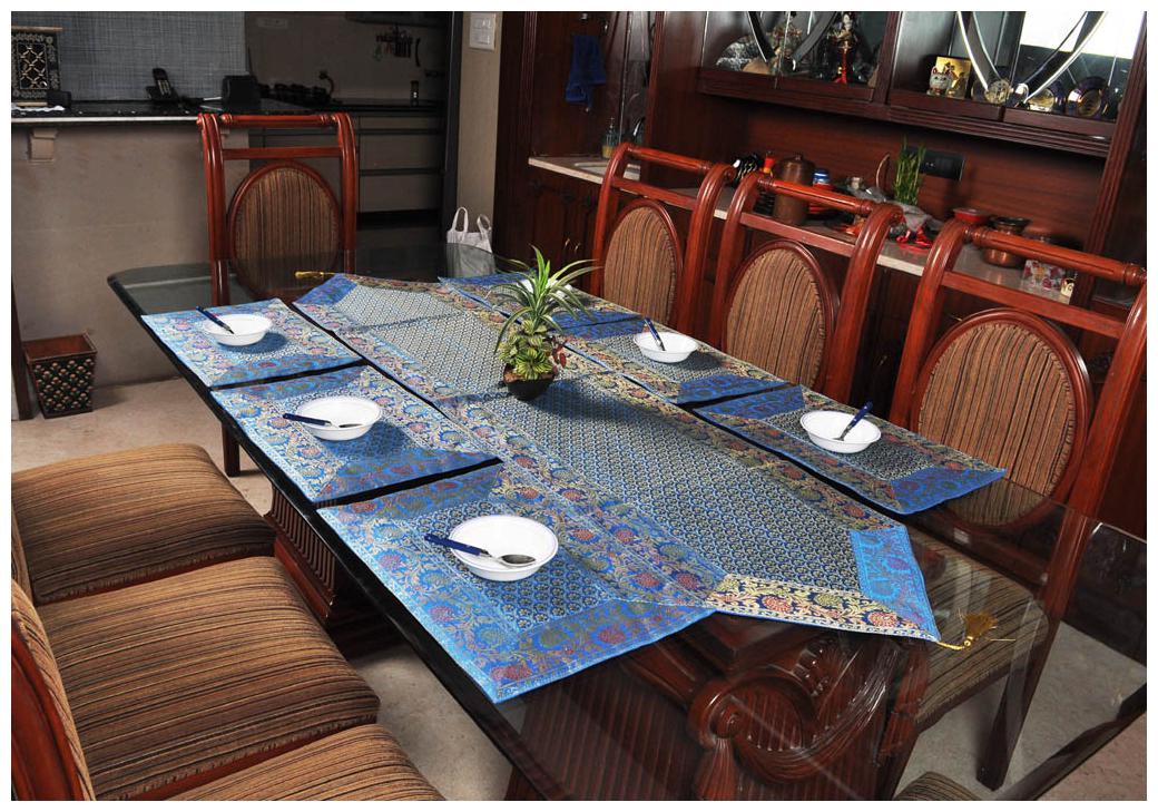 

Lal Haveli Brocade Silk Design Turquoise Color Table Runner with 6 pcs Placemats