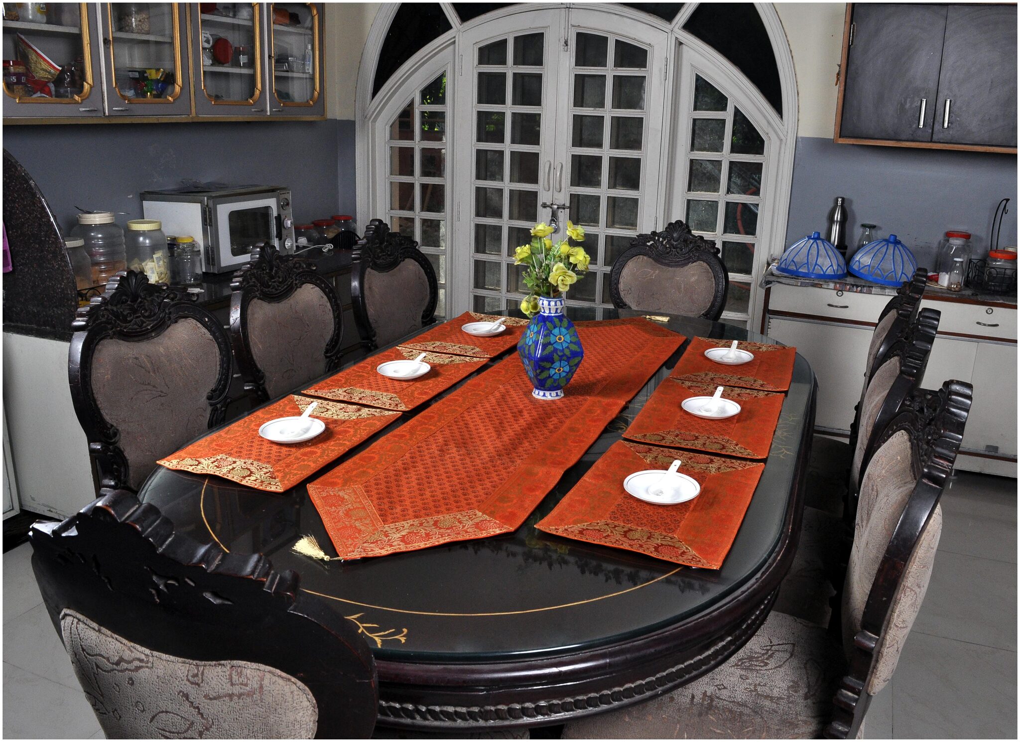 

Lal Haveli Brocade Silk 6 Seater Small Kitchen Table Linen Set of 7 pcs