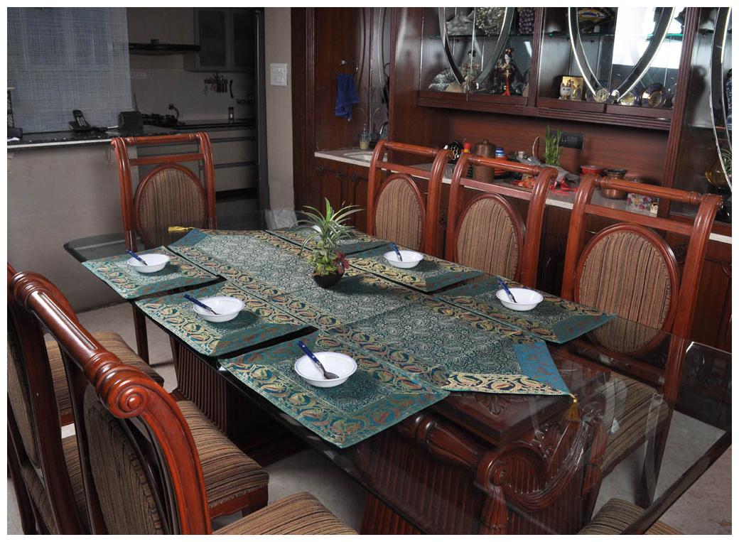 

Lal Haveli Corporate Gift Silk Table Runner Green Color with 6 pcs of Placemats