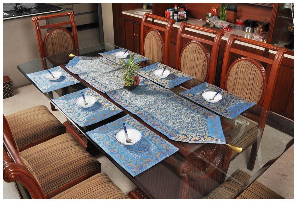 

Lal Haveli Diwali Gift Turquoise Color Table Runner with 6 pcs of Placemats