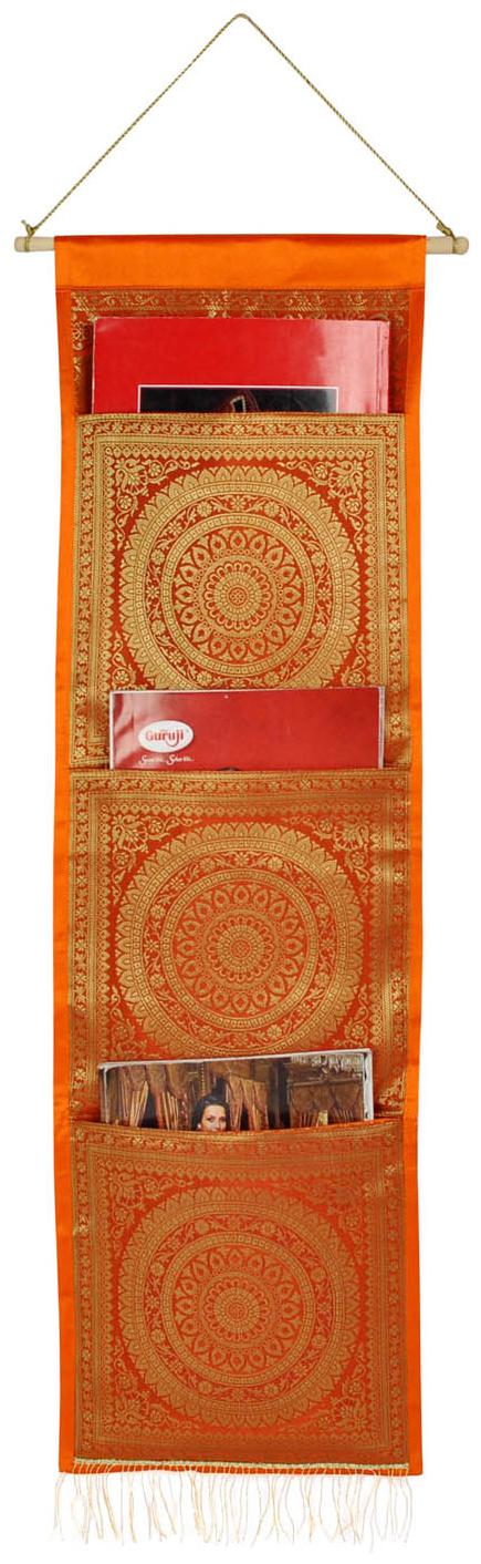

Lal Haveli Diningroom Decorative Silk Wall Hanging 3 Pocket Orange Color Living Room Decor 34 x 10 Inch