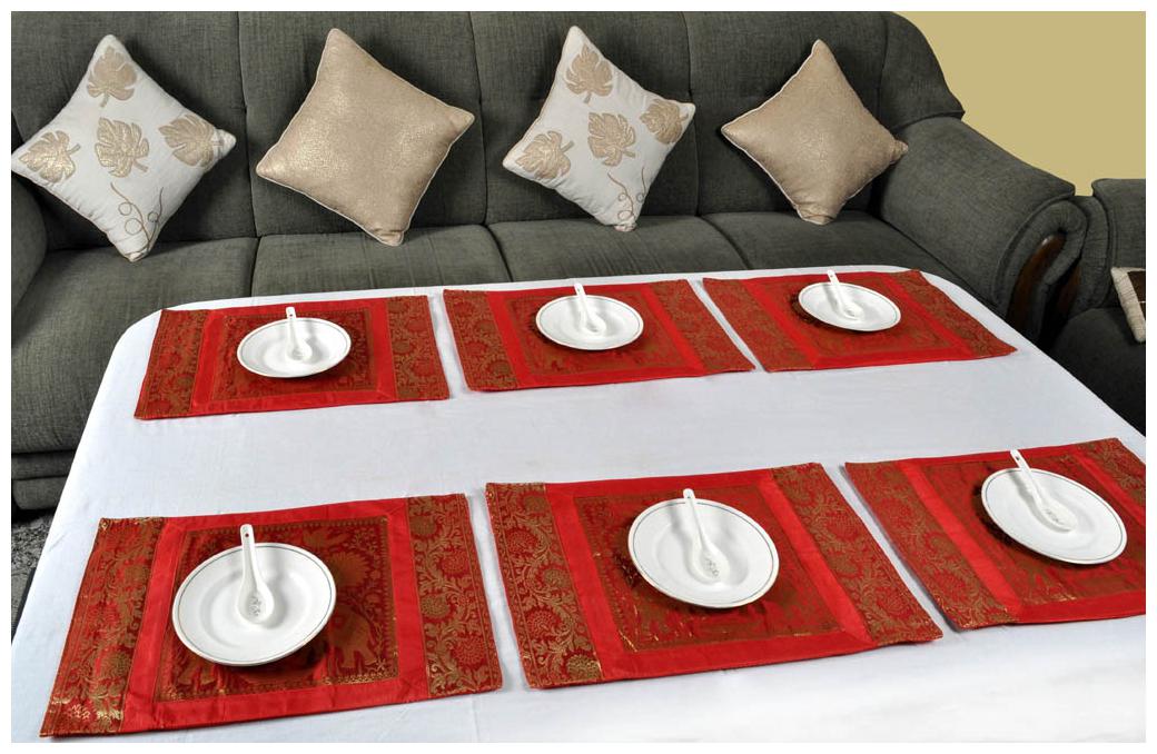 

Lal Haveli Dining Table Mat Set of 6 Banarsi Silk Fabric Kitchen Placemats 18 X 12 inches
