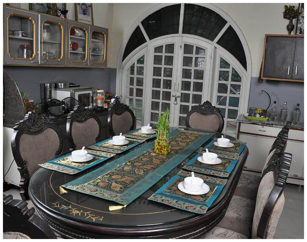 

Lal Haveli Dining Room Decorative Green Silk Table Runner with 6 pcs of Placemat