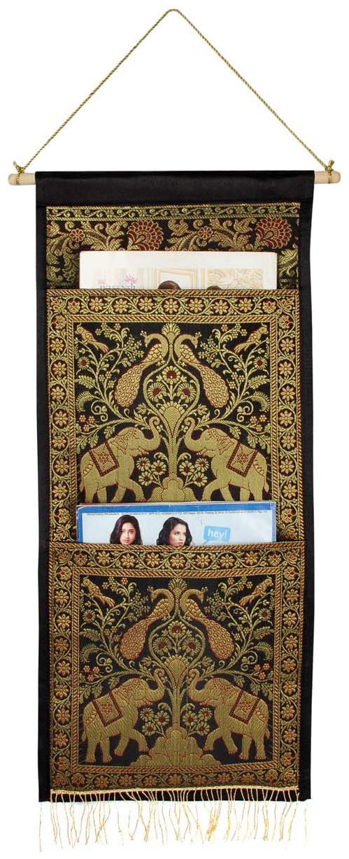

Lal Haveli Ethnic Elephant Peocock Design Wall Hanging 2 Pocket Black Color 24 x 10 Inch Home Decorative