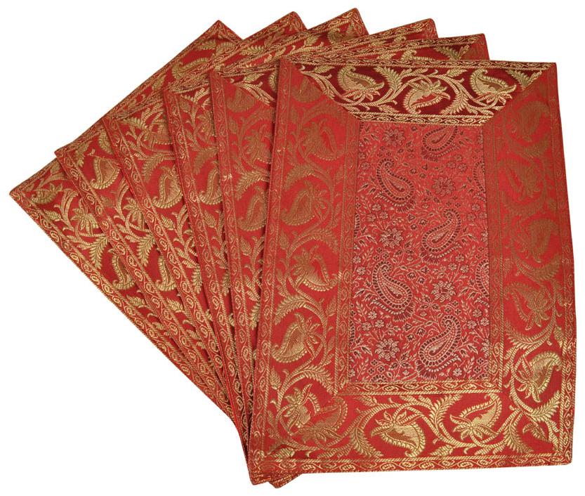 

Lal Haveli Handmade Decorative Table Mats Set of 6 Silver Banarsi Silk Fabric Kitchen Placemats Set for Dining Table