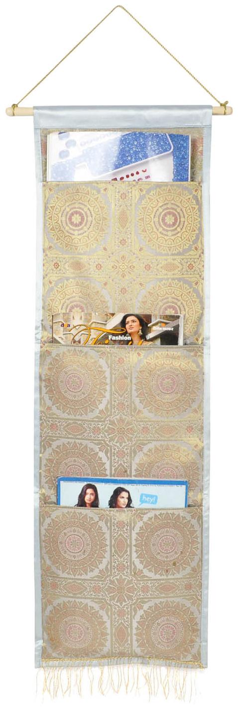 

Lal Haveli Home Decor Embroider Wall Hanging 3 Pocket Grey Color Housewarming Gift 34 x 10 Inch