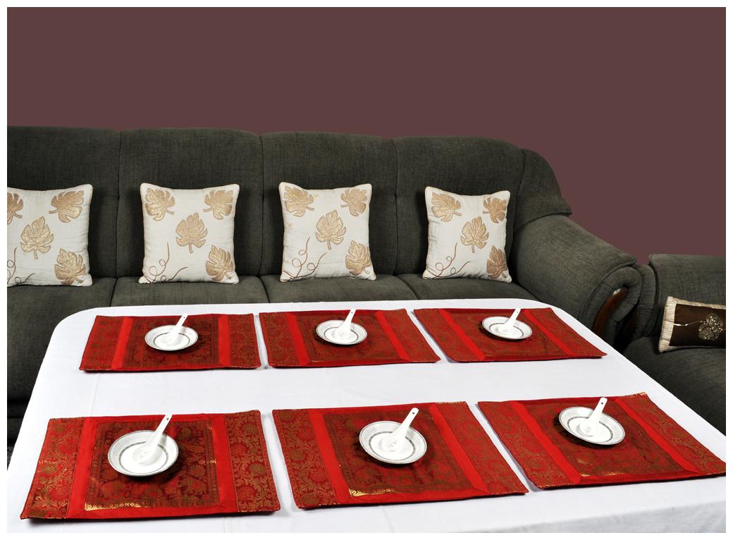 

Lal Haveli Handmade Decorative Table Mat Set of 6 Banarsi Silk Fabric Kitchen Placemats 18 X 12 inches