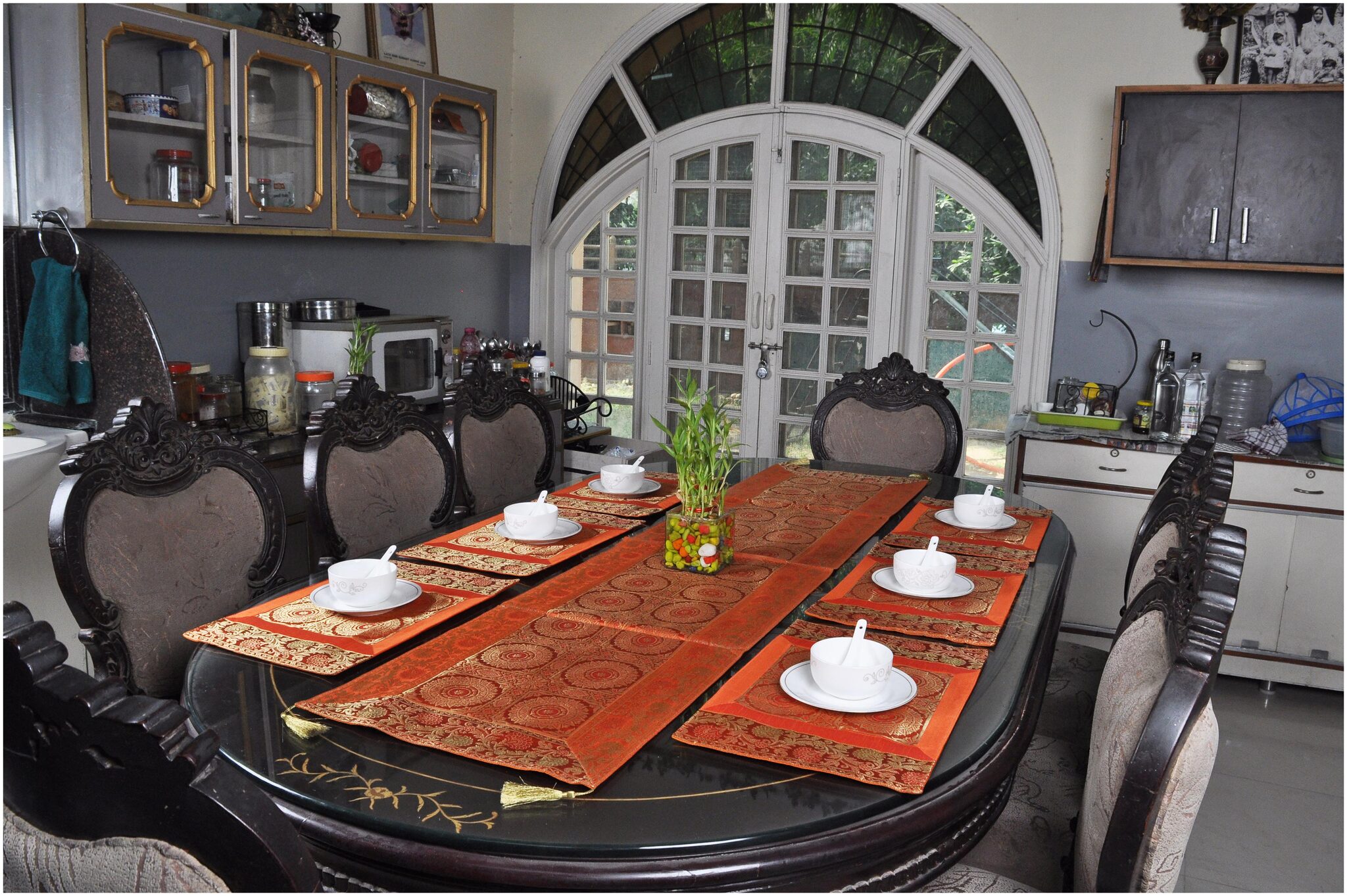 

Lal Haveli Kitchen Linen Silk Fabric Orange Table Runner Placemat Set of 7 pcs