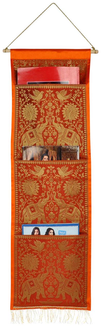 

Lal Haveli Living Room Elephant Design Wall Hanging 3 Pocket Orange Color 34 x 10 Inch