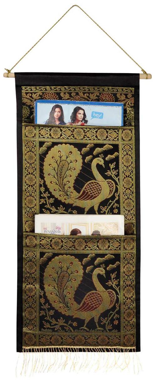 

Lal Haveli Peacock Design Silk Wall Hanging 2 Pocket Black Color Living Room Decor 24 x 10 Inch