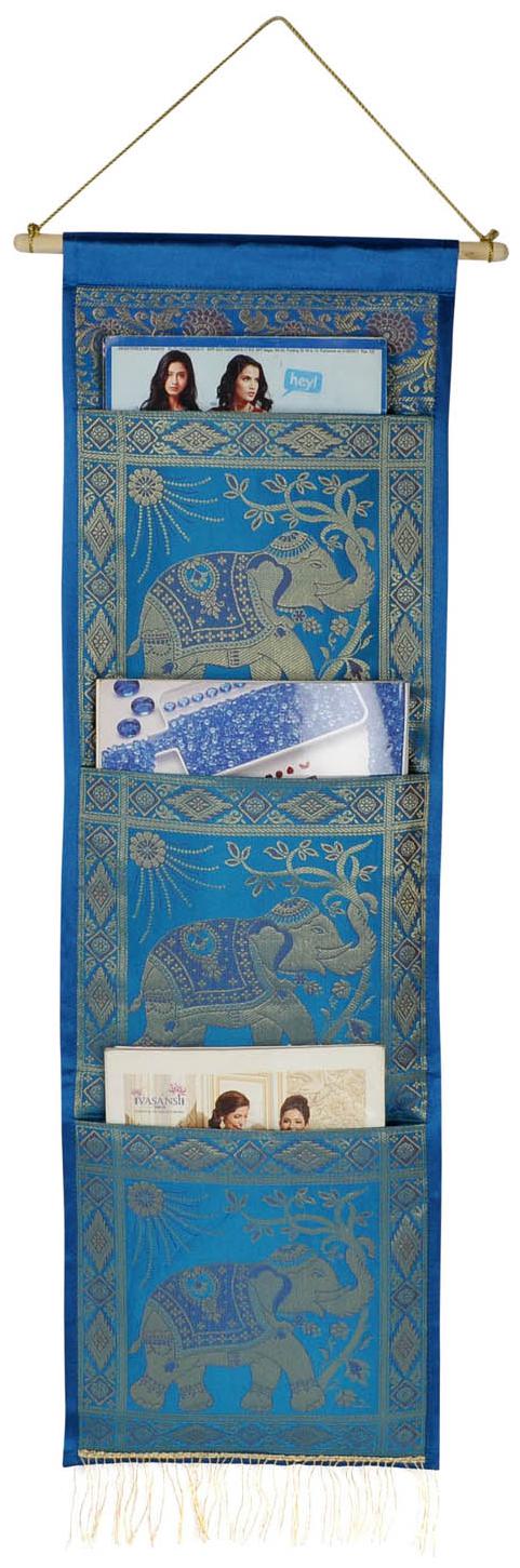 

Lal Haveli Silk Handmade Elephant Design Wall Hanging 3 Pocket Turquoise Color 34 x 10 Inch