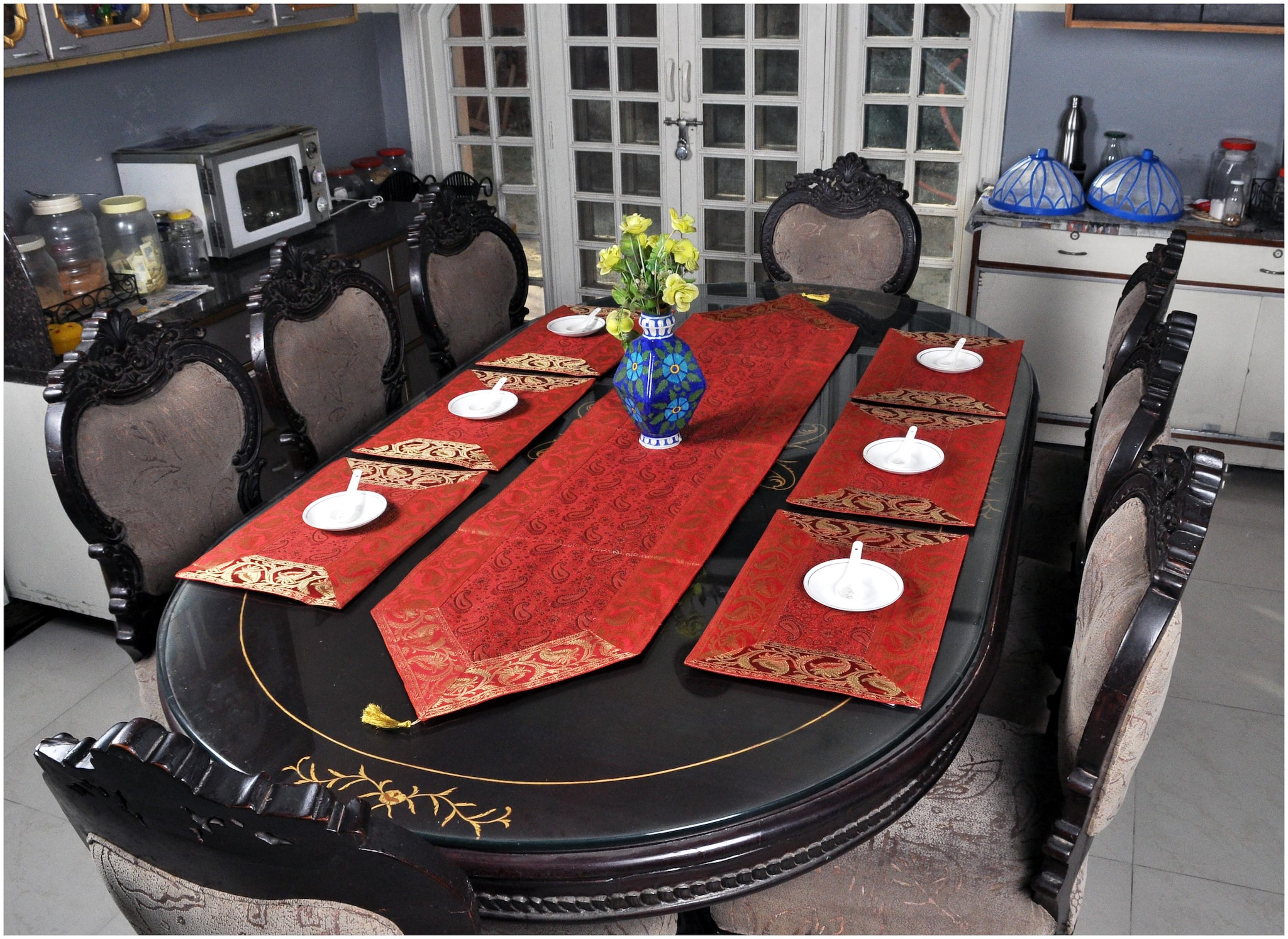 

Lal Haveli Silk Fabric Table Runner Red Color with Mat Set of 7 pcs Placemats