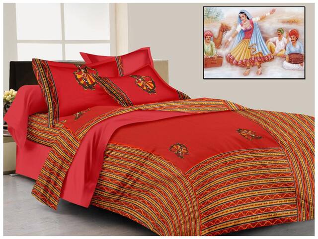 Lali Prints Cotton Printed King Size Bedsheet ( 1 Bedsheet With 2 Pillow Covers , Red )