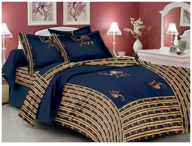 Lali Prints Cotton Printed King Size Bedsheet ( 1 Bedsheet With 2 Pillow Covers , Blue )