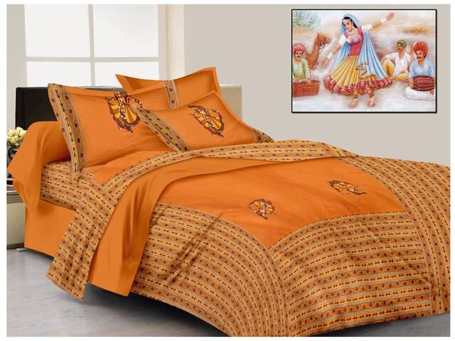 Lali Prints Cotton Printed King Size Bedsheet ( 1 Bedsheet With 2 Pillow Covers , Orange )