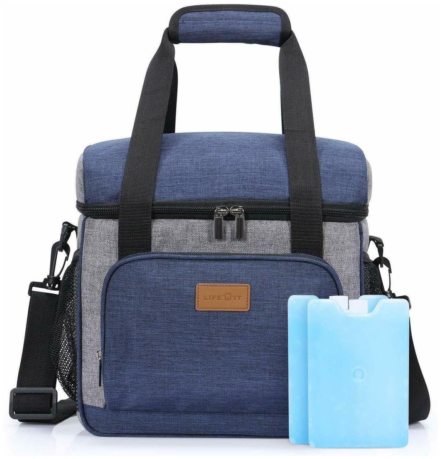 

Large Insulated Lunch Bag 24-Can Lunch Box Cooler Bag with 2 Ice Packs Blue