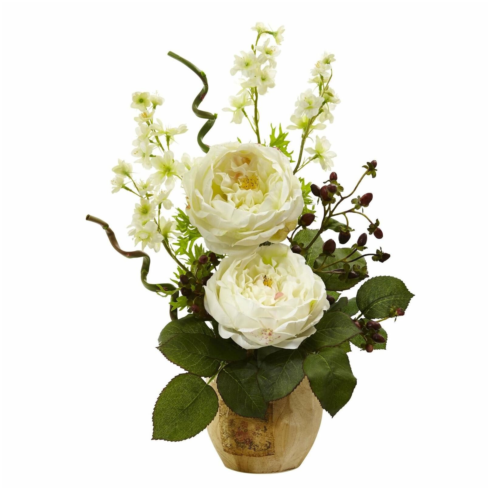 

Large Rose and Dancing Daisy in Wooden Pot (White)
