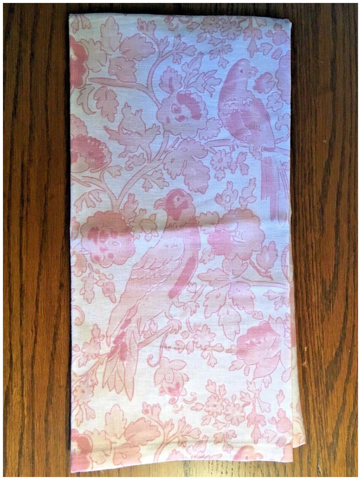 

Large SFERRA Tea Dish Towel SUSANNE Pink White Floral Birds NWT Linen Cotton