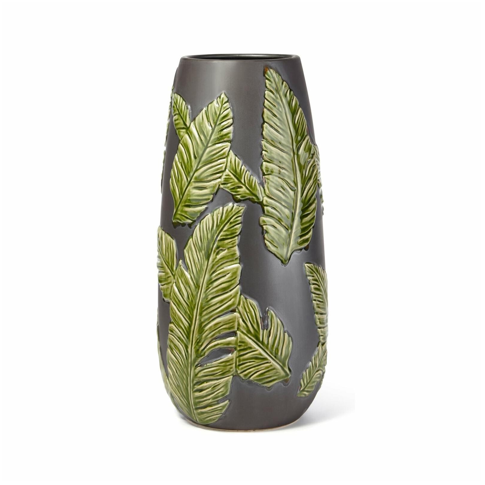 

Large Size Ceramic Vase with Leaf Design Matte Black and Black